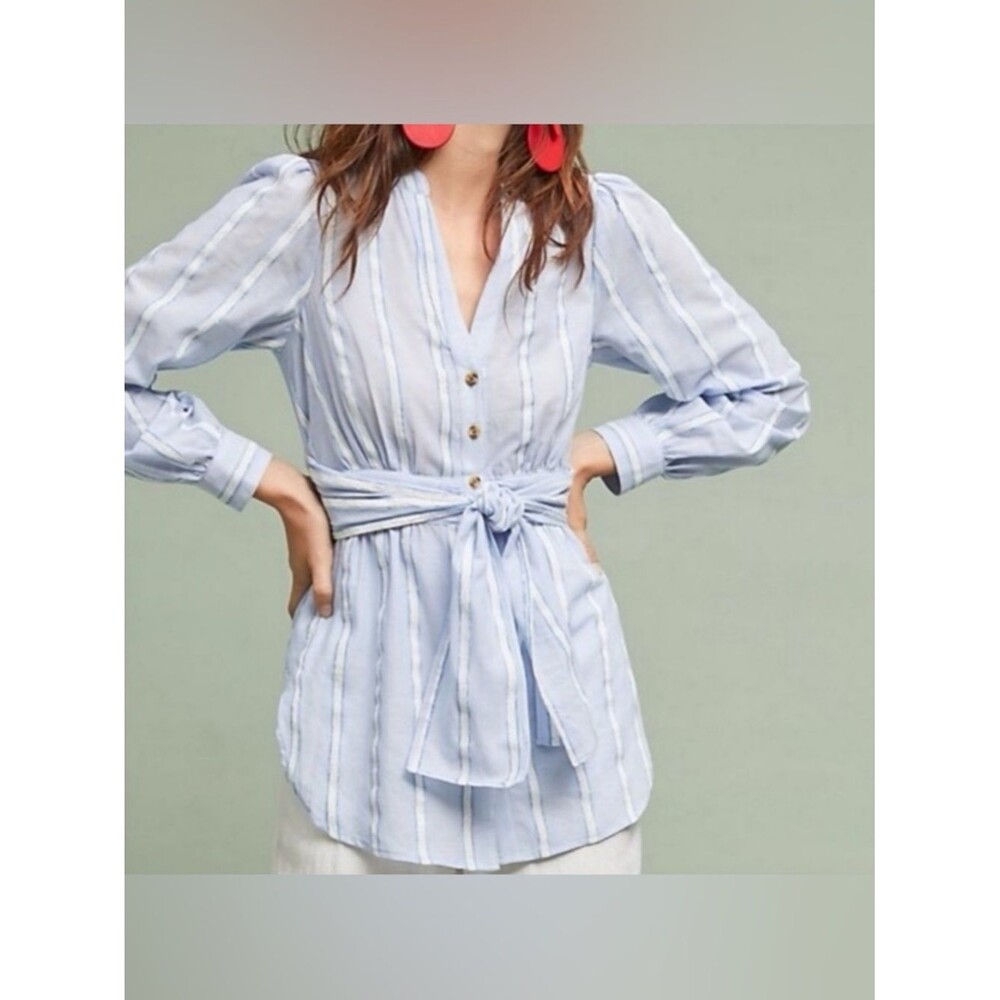 Anthropologie Building 18 Striped Belted Tunic Button Down Shirt Size 8 Blue